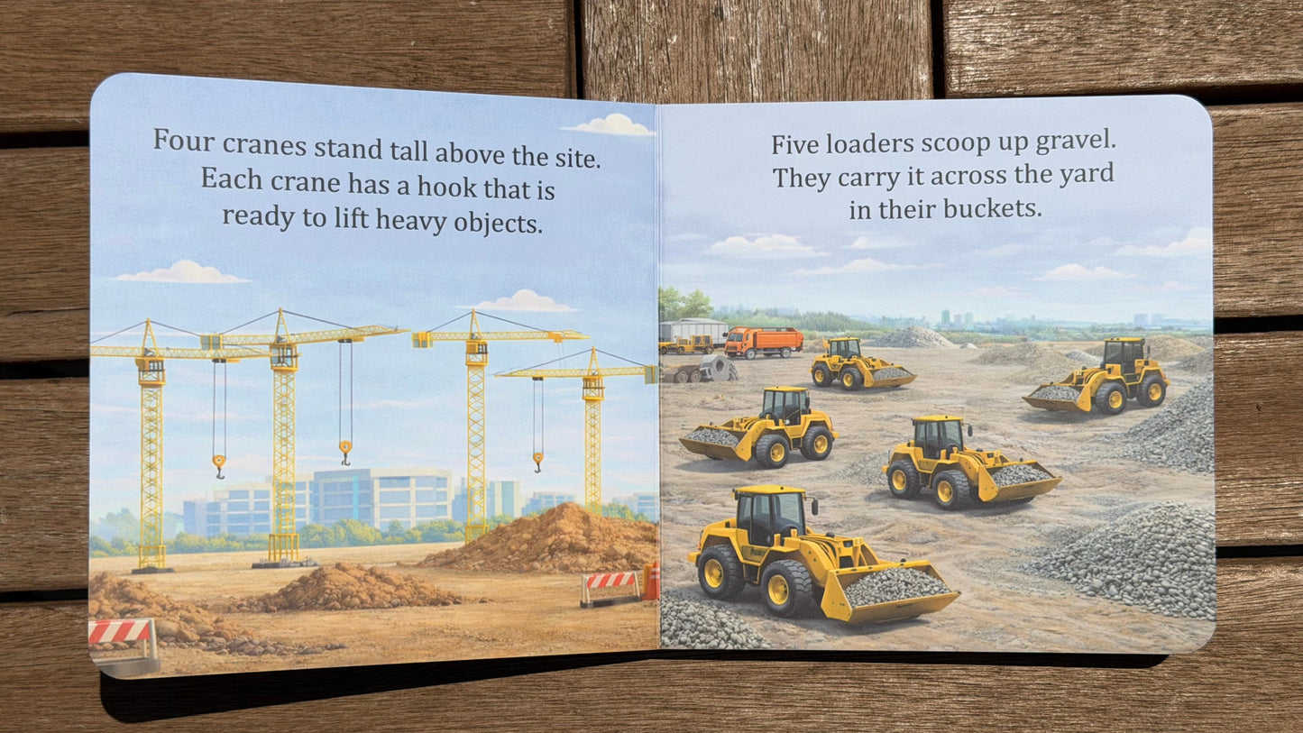 Children's book page with illustrations of cranes and bulldozers on a wooden surface