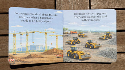 Children's book page with illustrations of cranes and bulldozers on a wooden surface